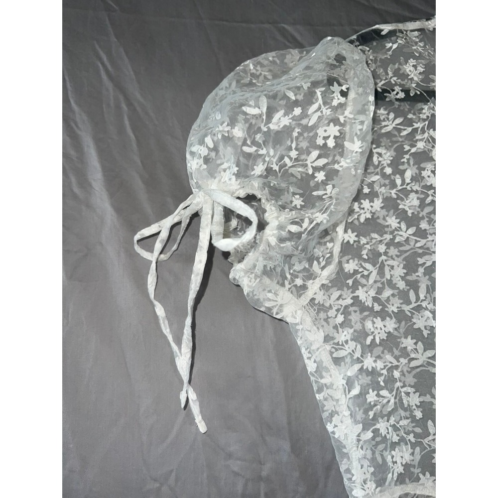 Anthropologie Sheer Floral Lace Maxi Duster Dress White Tie Front Puff Sleeve L - Picture 4 of 7